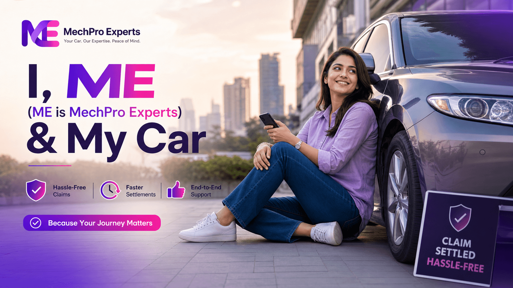 A confident woman sitting next to her car after a hassle-free claim experience with MechPro